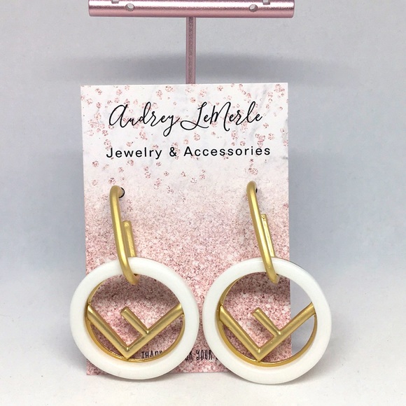 F Luxury Earrings Hoops Brushed Gold White Fashion Design NEW - Picture 7 of 7